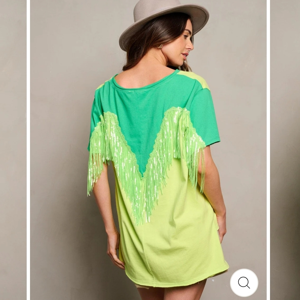 FANTASTIC FAWN Lime Green Colorblock Top With Sequin Fringe VARIOUS - Picture 4 of 4